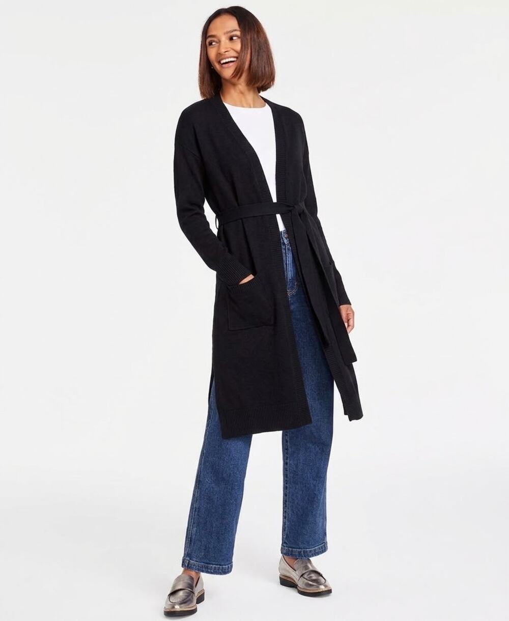NWT Charter Club Size Large 100% Cashmere Longline Belted Cardigan - Black